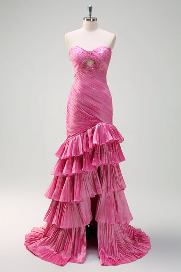 Sparkly Fuchsia Mermaid senza spalline in rilievo increspato Increspature Abito da cerimonia lungo con fessura